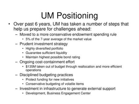 UM Positioning Over past 6 years, UM has taken a number of steps that help us prepare for challenges ahead: Moved to a more conservative endowment spending.