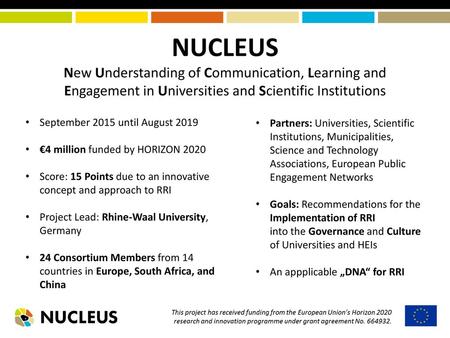 NUCLEUS New Understanding of Communication, Learning and Engagement in Universities and Scientific Institutions September 2015 until August 2019 €4 million.