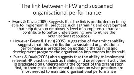 The link between HPW and sustained organisational performance