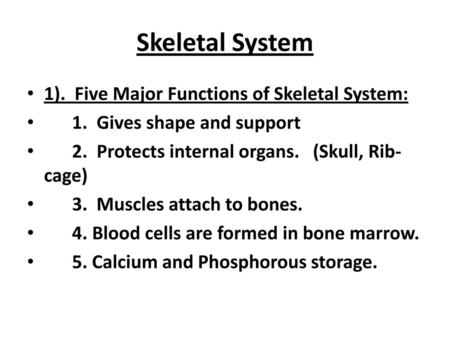 Skeletal System 1). Five Major Functions of Skeletal System: