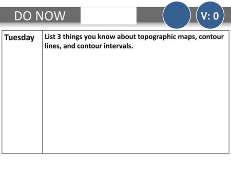 DO NOW V: 0 Tuesday List 3 things you know about topographic maps, contour lines, and contour intervals.