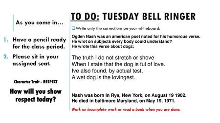 To Do: TUESDAY bell ringer