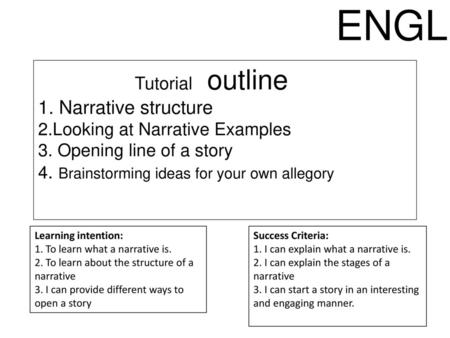 ENGLISH Tutorial outline 1. Narrative structure 2.Looking at Narrative Examples 3. Opening line of a story 4. Brainstorming ideas for your own allegory.