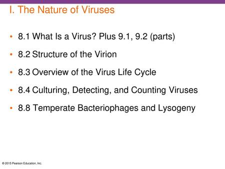 I. The Nature of Viruses 8.1 What Is a Virus? Plus 9.1, 9.2 (parts)