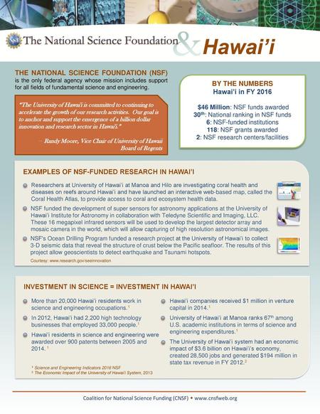 Hawai’i THE NATIONAL SCIENCE FOUNDATION (NSF) is the only federal agency whose mission includes support for all fields of fundamental science and engineering.