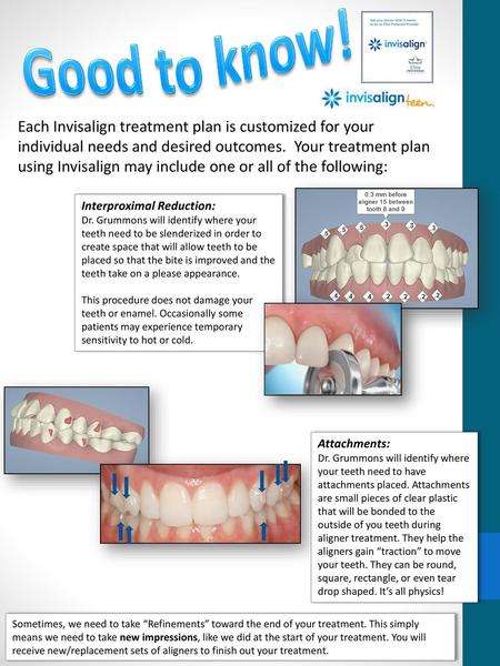 Good to know! Each Invisalign treatment plan is customized for your individual needs and desired outcomes. Your treatment plan using Invisalign may include.