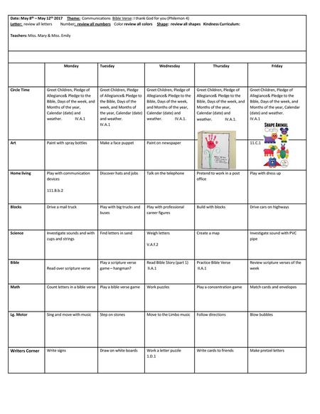 Date: May 8th – May 12th 2017 Theme: Communications Bible Verse: I thank God for you (Philemon 4) Letter: review all letters Number: review.