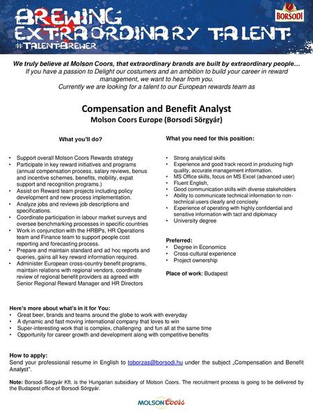 Compensation and Benefit Analyst Molson Coors Europe (Borsodi Sörgyár)