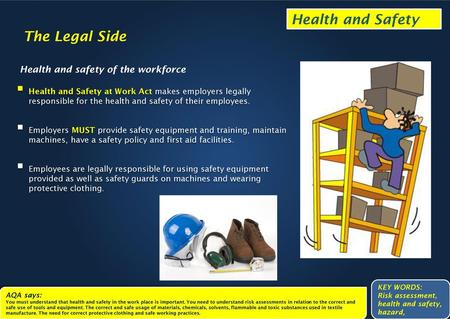 Health and Safety The Legal Side Health and safety of the workforce