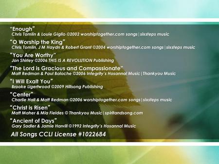 All Songs CCLI License #