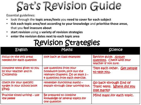 Sat’s Revision Guide Revision Strategies Essential guidelines: