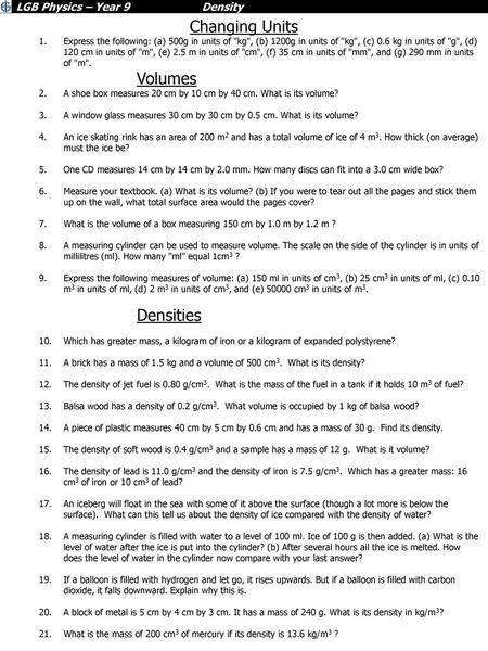 Changing Units Volumes Densities LGB Physics – Year 9 Density