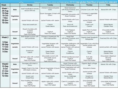 Week 1 29-Aug 19-Sep 10-Oct 7-Nov 28-Nov 19-Dec Week 2 5-Sep 26-Sep