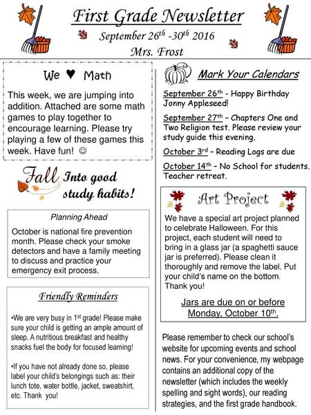 First Grade Newsletter September 26th -30th 2016 Mrs. Frost