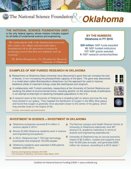 Oklahoma THE NATIONAL SCIENCE FOUNDATION (NSF) is the only federal agency whose mission includes support for all fields of fundamental science and engineering.