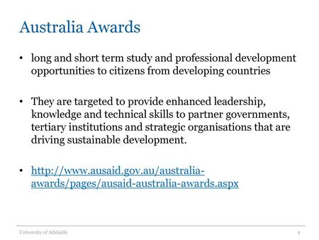 Australia Awards long and short term study and professional development opportunities to citizens from developing countries They are targeted to provide.