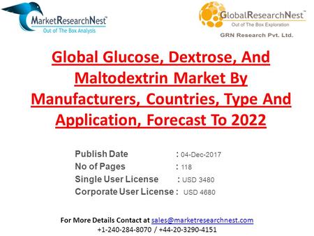 Global Glucose, Dextrose, And Maltodextrin Market By Manufacturers, Countries, Type And Application, Forecast To 2022 Publish Date : 04-Dec-2017 No of.