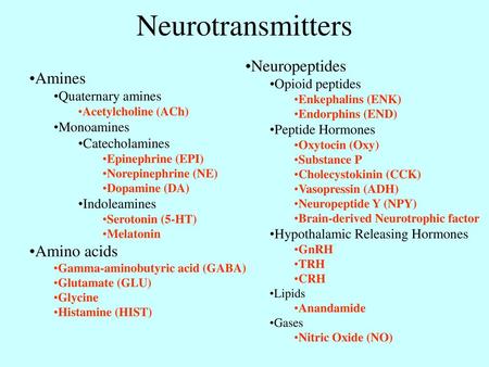 Neurotransmitters Neuropeptides Amines Amino acids Opioid peptides