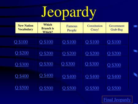 Jeopardy Q $100 Q $100 Q $100 Q $100 Q $100 Q $200 Q $200 Q $200