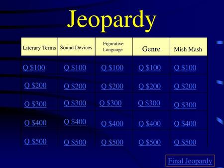 Jeopardy Genre Mish Mash Q $100 Q $100 Q $100 Q $100 Q $100 Q $200