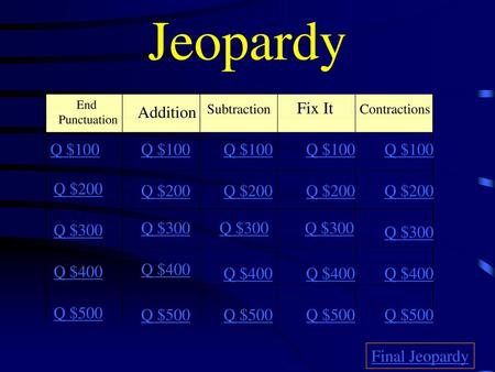 Jeopardy Fix It Contractions Addition Q $100 Q $100 Q $100 Q $100