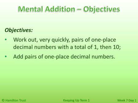 Mental Addition – Objectives