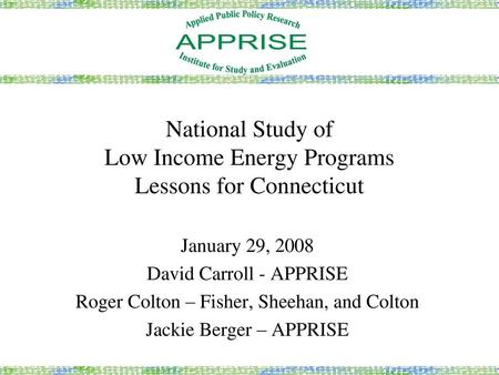 National Study of Low Income Energy Programs Lessons for Connecticut