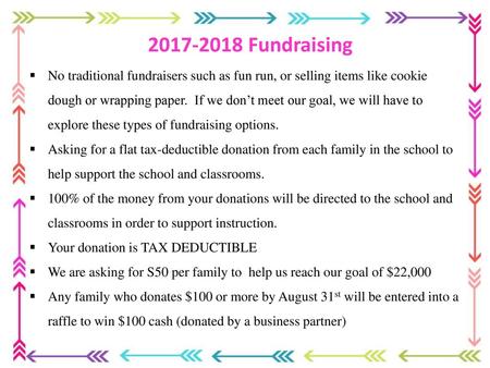 2017-2018 Fundraising No traditional fundraisers such as fun run, or selling items like cookie dough or wrapping paper. If we don’t meet our goal, we.