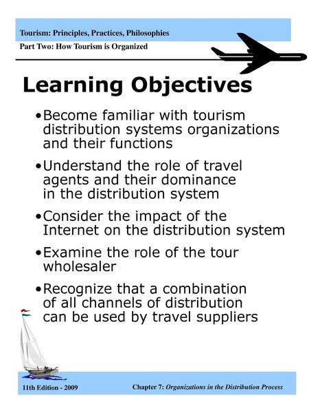 Learning Objectives Become familiar with tourism distribution systems organizations and their functions Understand the role of travel agents and their.