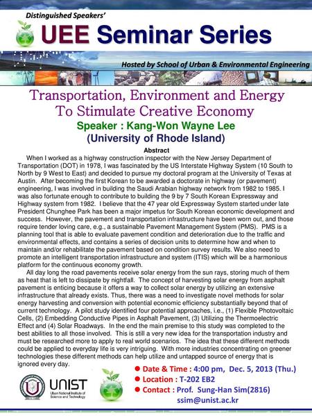 UEE Seminar Series Transportation, Environment and Energy