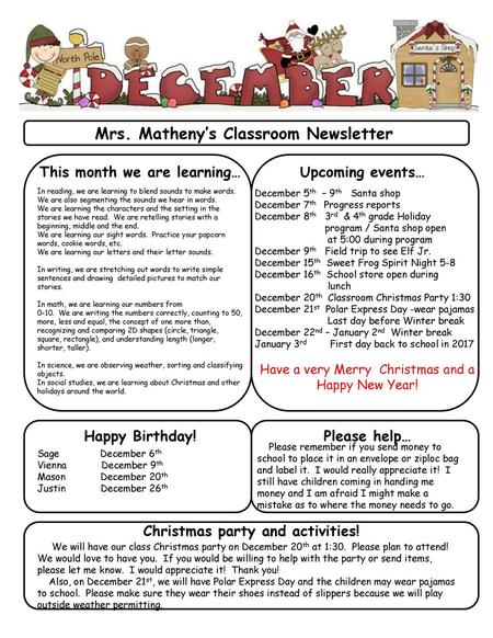 Mrs. Matheny’s Classroom Newsletter