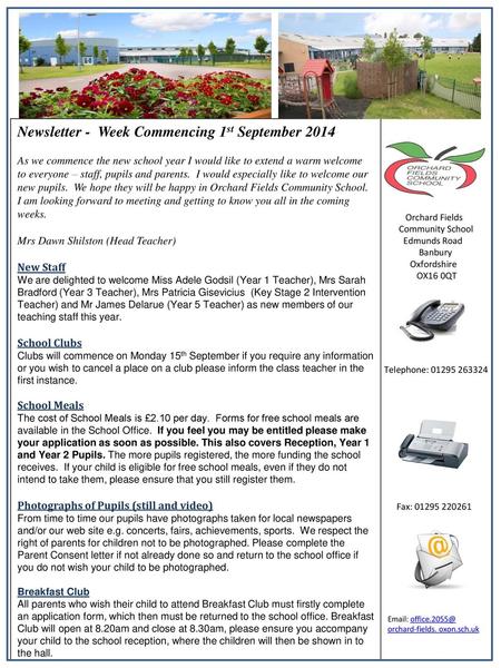 Newsletter - Week Commencing 1st September 2014