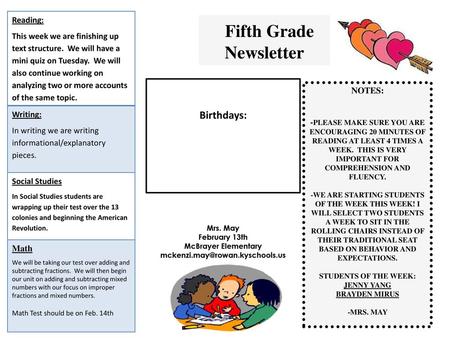 Fifth Grade Newsletter