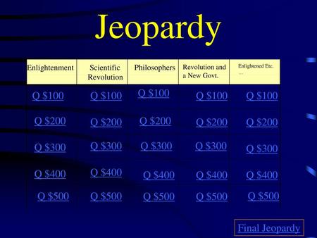 Jeopardy Q $100 Q $100 Q $100 Q $100 Q $100 Q $200 Q $200 Q $200