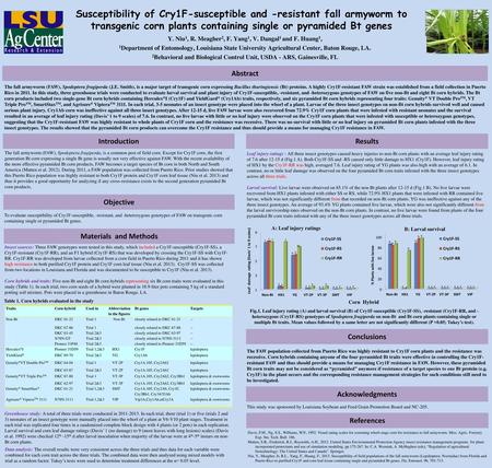 Susceptibility of Cry1F-susceptible and -resistant fall armyworm to transgenic corn plants containing single or pyramided Bt genes Y. Niu1, R. Meagher2,