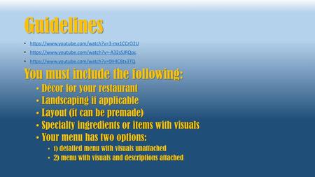 Guidelines You must include the following: Décor for your restaurant