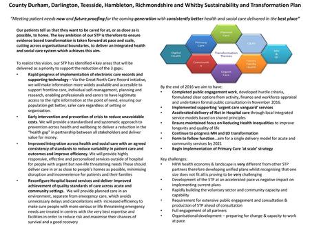 County Durham, Darlington, Teesside, Hambleton, Richmondshire and Whitby Sustainability and Transformation Plan “Meeting patient needs now and future.