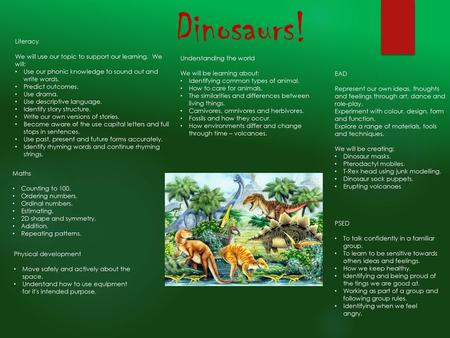 Dinosaurs! Literacy We will use our topic to support our learning. We will: Use our phonic knowledge to sound out and write words. Predict outcomes. Use.