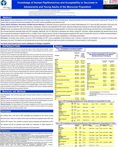 Knowledge of Human Papillomavirus and Acceptability to Vaccinate in Adolescents and Young Adults of the Moroccan Population Salsabil Hamdi1,Yassine Zouheir.