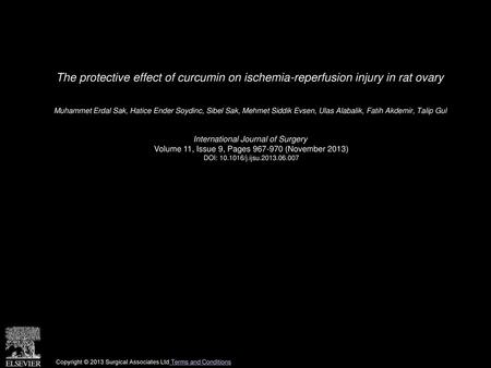 The protective effect of curcumin on ischemia-reperfusion injury in rat ovary  Muhammet Erdal Sak, Hatice Ender Soydinc, Sibel Sak, Mehmet Siddik Evsen,