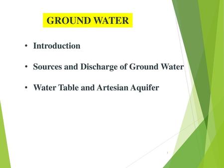 GROUND WATER Introduction Sources and Discharge of Ground Water