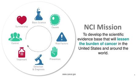 To develop the scientific evidence base that will lessen the burden of cancer in the United States and around the world. NCI Mission Key message: