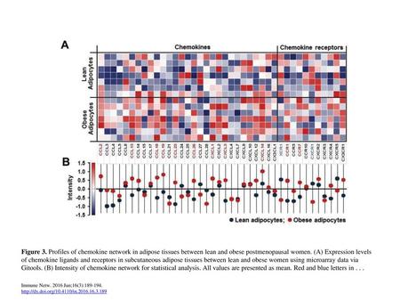 Figure 3. Profiles of chemokine network in adipose tissues between lean and obese postmenopausal women. (A) Expression levels of chemokine ligands and.