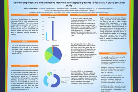 Use of complimentary and alternative medicine in orthopedic patients in Pakistan: A cross-sectional study. Hamza Hassan Khan (1), Ghulam Haider Khan (1),