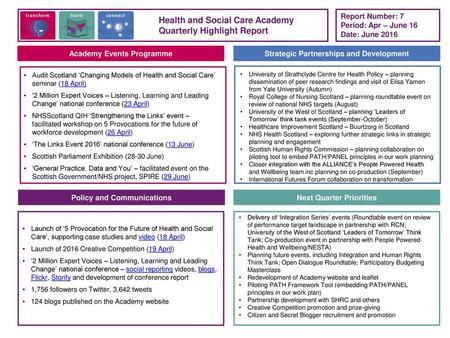 Health and Social Care Academy Quarterly Highlight Report