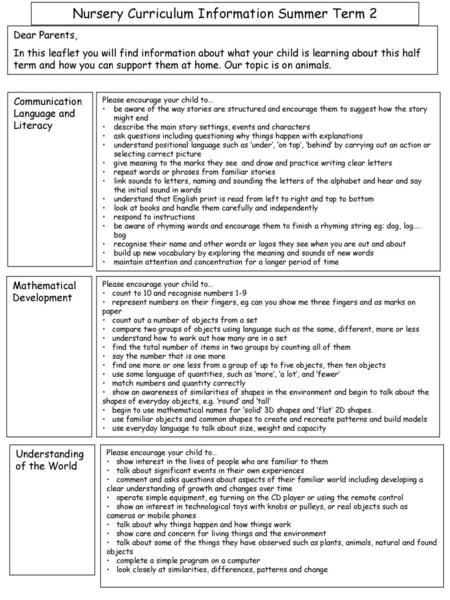 Nursery Curriculum Information Summer Term 2