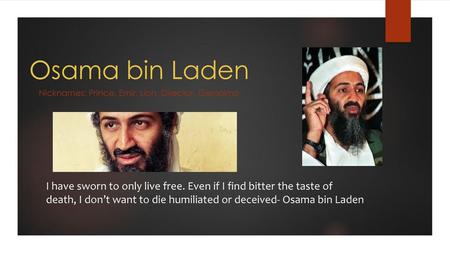 Osama bin Laden Nicknames: Prince, Emir, Lion, Director, Geronimo