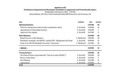 First meeting to determine whether an AR/VR standards meeting makes sense, and if so… what is the scope, where is the home, and how do we proceed.