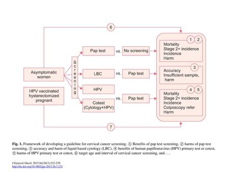 Fig. 1. Framework of developing a guideline for cervical cancer screening. ① Benefits of pap test screening, ② harms of pap test screening, ③ accuracy.