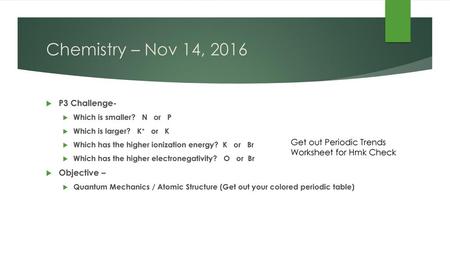 Chemistry – Nov 14, 2016 P3 Challenge- Objective –